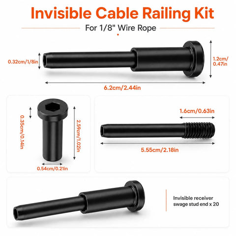 Kickass 20 Piece Hella Durable 1/8 Inch Black T316 Stainless Steel Invisible Cable Railing Kit components showing sizes and design.