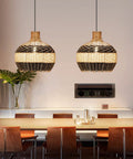 Dining room with two Rattan Pendant Light For Kitchen Island Handwoven Lampshade Hanging Light Fixture, Eco Friendly Wicker Chandelier
