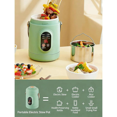 Portable 500W Electric Cooker With Ceramic Glaze Inner, Built-In Steamer, 12-Hour Timer And Keep-Warm, 800ml Capacity, Green
