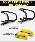 7 Inch Motorcycle Wheel Chock and E Track Ratchet Strap Bundle showing 2 pack heavy duty steel wheel stabilizers and straps