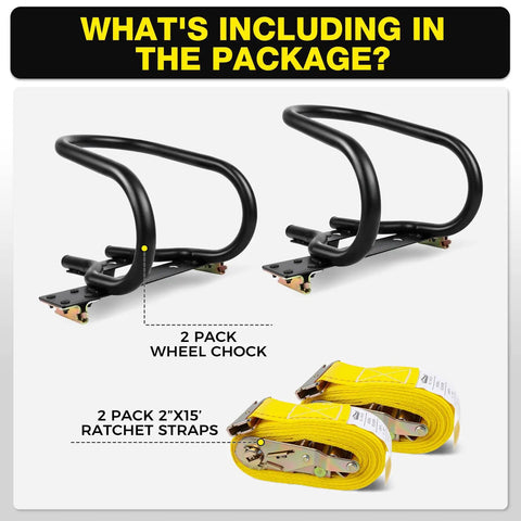 7 Inch Motorcycle Wheel Chock and E Track Ratchet Strap Bundle showing 2 pack heavy duty steel wheel stabilizers and straps