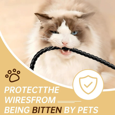 Cat biting a Spiral Cable Wrap 10ft Cable Sleeve For Cords Flexible Cable Management For Computer Power Audio And Video Cables Black