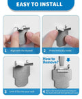 Installation guide for Heavy Duty Drywall Canvas Hangers And Claw Hooks Damage Free Picture Hanging Kit. Steps for use and removal shown.