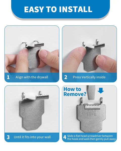 Installation guide for Heavy Duty Drywall Canvas Hangers And Claw Hooks Damage Free Picture Hanging Kit. Steps for use and removal shown.