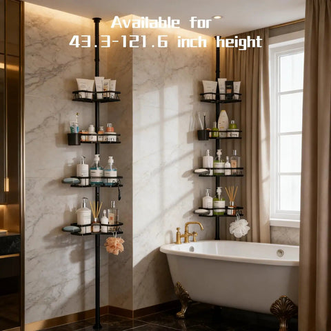 Corner Shower Caddy Tension Pole 4 Tier Rustproof Shelves Adjustable Floor Standing Bath Rack Holder Waterproof Bathroom Storage For Shampoo Conditioner And More Black installed next to a bathtub in a marble bathroom.