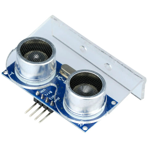 Close-up of an HC-SR04 ultrasonic sensor module with bracket for Arduino, Five Pack HCSR04 Ultrasonic Sensor Module For Arduino R3 Uno Mega XBee Nano Robot With Five Mounting Brackets Ideal For Prototyping And Precise 2 To 450 Cm Distance Sensing.