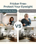 Comparison of A19 LED Light Bulbs 60W Equivalent, 8.5W 4000K Cool White showing no flicker vs. traditional bulb with flicker in home setting