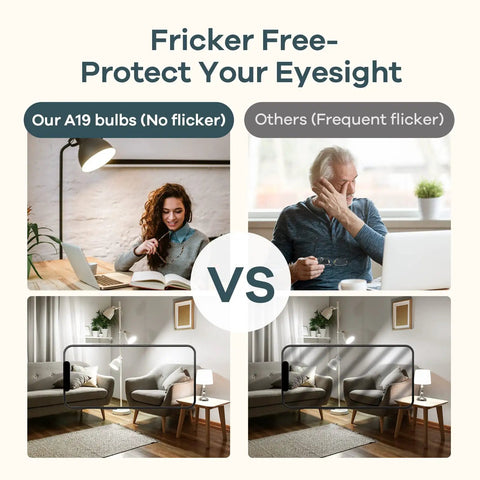 Comparison of A19 LED Light Bulbs 60W Equivalent, 8.5W 4000K Cool White showing no flicker vs. traditional bulb with flicker in home setting