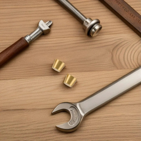 Brass Furniture Stabilizer Legs Four Pack For Mini Cabinets And Desks 10mm Decorative Riser Feet next to tools on a wooden surface