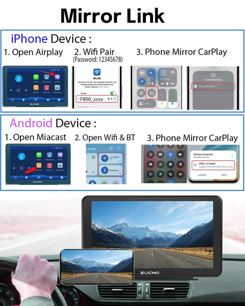 9 Inch Wireless CarPlay Screen For Cars With Android Auto showing mirror link setup for iPhone and Android devices