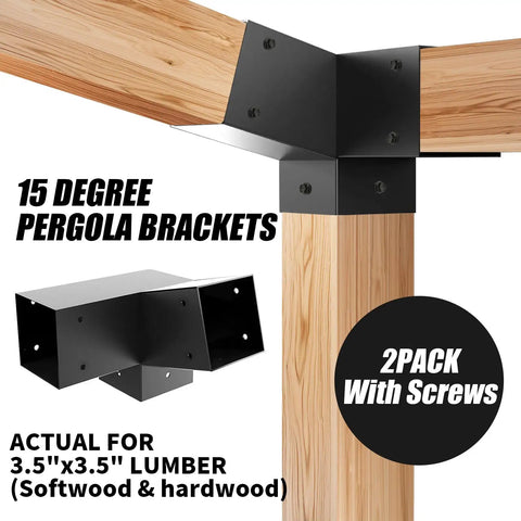 Three Way 15 Degree Pergola Bracket Kit For 3.5 By 3.5 Inch Wood Posts To Beams Slant Roof Support For Pavilions And Log Cabins Built Tough With Welded Steel And Galvanized Finish Two Pack