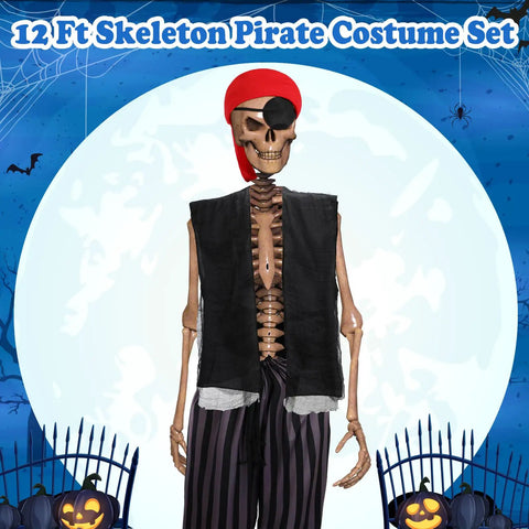 Epic 12 Foot Skeleton Pirate Costume Set With Giant Outfit Accessories Includes Pirate Hat Eye Patch Jacket Shorts For Halloween Decor Outdoor Garden Lawn Display And Spooky Party Ready