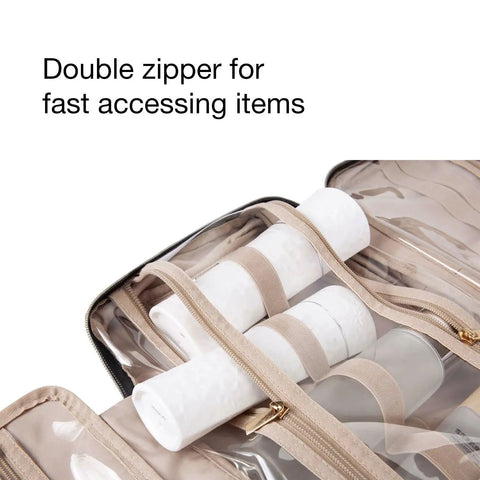 Ultra Large Toiletry Organizer Bag With Hook Water Resistant Travel Cosmetic Case showing open zip compartments
