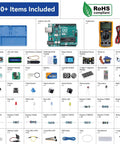 Inventor Lab Starter Kit With Arduino Uno R3 Multimeter 34 Projects 40 Plus Video Courses RAB Breadboard Holder Battery Included RoHS Compliant overview with components