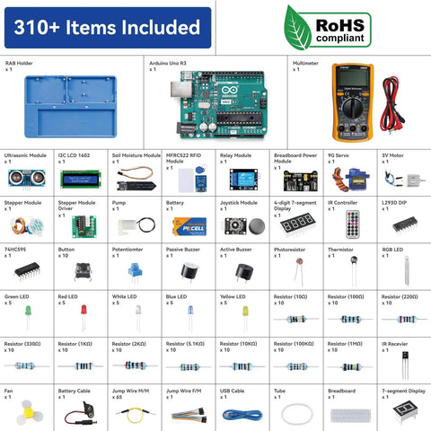 Inventor Lab Starter Kit With Arduino Uno R3 Multimeter 34 Projects 40 Plus Video Courses RAB Breadboard Holder Battery Included RoHS Compliant overview with components