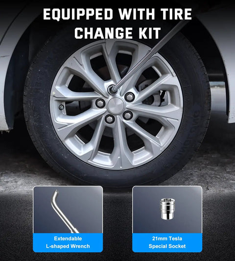 Close-up of a car wheel with Tesla 2.5 Ton Scissor Jack Kit for Model Y Model 3 S X, includes L-shaped wrench and Tesla socket
