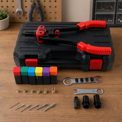 Heavy Duty Rivet Nut Tool Kit With Case Easy To Use Hand Riveter For Home Improvement DIY Projects Workshop And Garage Versatile Durable Pro Grade Hardware Set For Pros And Hobbyists. Manual rivet nut tool kit with red handles, case, nosepieces, and rivets on wooden table