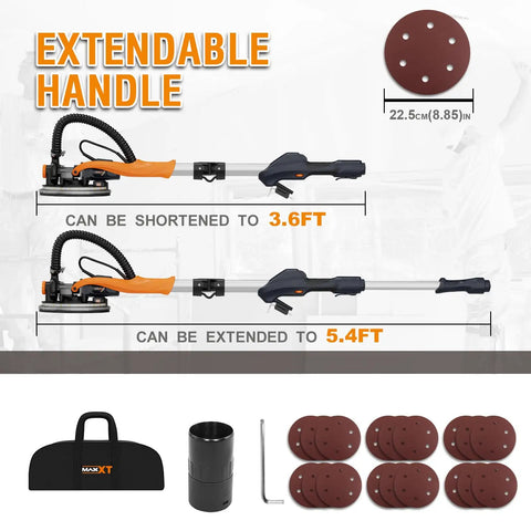 Built Tough Electric Drywall Sander With Full Vacuum Dust Collection, showing extendable handle, sanding discs, and vacuum kit.