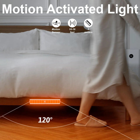24 LED RGBW Under Cabinet Light With Motion Sensor And USB Rechargeable Battery under a bed showing motion activation angle