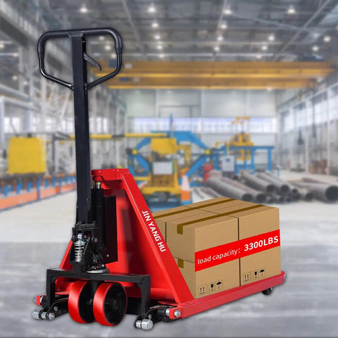 Heavy Duty Manual Scissor Pallet Jack Truck With A Breezy 3300 Pound Lift Capacity And Straight Forward Hydraulic Pump in a warehouse setting with stacked boxes.