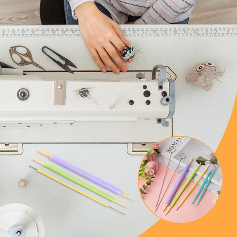 10PCS Tube Turner Sewing Tool Set in assorted sizes for fabric turning; colorful turning tools beside a sewing machine