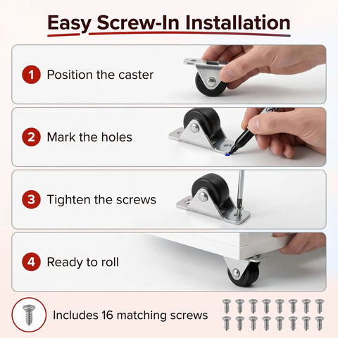 Easy installation steps for 12 Pack Mini Rigid Caster Wheels Low Profile Non Swivel Fixed Casters For Furniture Drawers And Under Bed Storage.