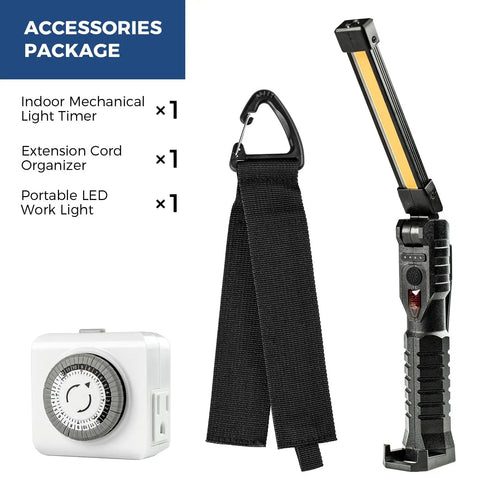 Must Have Indoor Mechanical Timer Portable LED Work Light And Extension Cord Organizer Bundle with timer, light, organizer