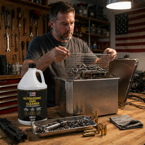 Ultrasonic Gun Cleaner Concentrate 128 Oz Makes Up To 200 Gallons No Nonsense Deep Clean For Pistols Rifles Brass And All Firearm Components With Easy Mixing And Boss Level Ultrasonic Action. bottle beside ultrasonic cleaner basket with gun parts