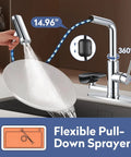 SINGSUO Pull Down Kitchen Faucet with Glass Rinser (Chrome) showing flexible sprayer and 360° spout rotation in use.