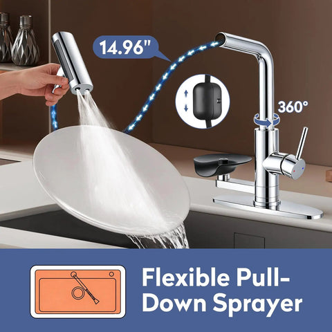 SINGSUO Pull Down Kitchen Faucet with Glass Rinser (Chrome) showing flexible sprayer and 360° spout rotation in use.