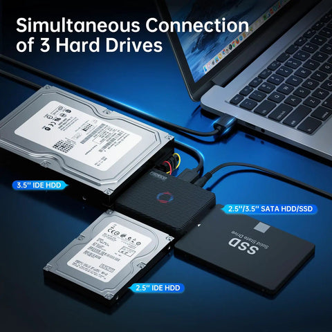 Universal SATA IDE To USB 3.0 Hard Drive Adapter Cable For 2.5 Inch And 3.5 Inch HDD, 2.5 Inch SSD, And 5.25 Inch DVD CD Drives With Plug And Play, Fast Data Transfer, Great For Data Recovery. 3.5-inch IDE HDD and 2.5-inch SATA SSD connected to laptop
