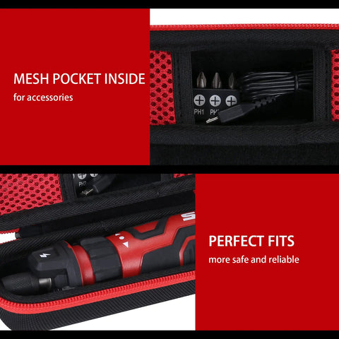 Heavy Duty Hard Shell Protective Case For Rechargeable 4V Cordless Screwdriver showing mesh pocket for accessories and perfectly fit tool.