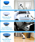 Cordless Electric Spin Scrubber With 8 Replaceable Heads shown cleaning windows, car exterior, leather seats, and floor.
