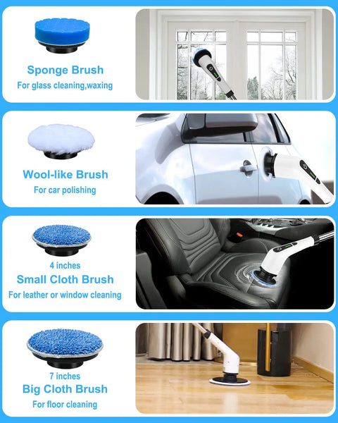Cordless Electric Spin Scrubber With 8 Replaceable Heads shown cleaning windows, car exterior, leather seats, and floor.