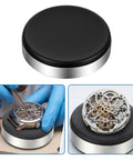 Round Leather Movement Holder With Cushion and Six Piece Watch Hand Tool Kit Non Slip Precision Watch Repair Set in use