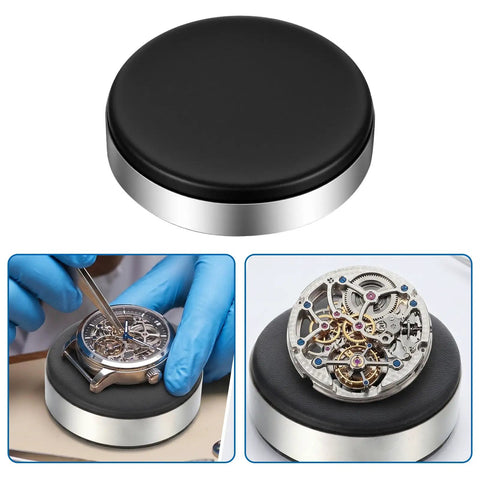 Round Leather Movement Holder With Cushion and Six Piece Watch Hand Tool Kit Non Slip Precision Watch Repair Set in use