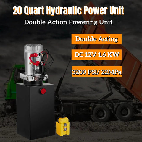 Beefy 12V DC Double Acting Hydraulic Dump Trailer Power Unit With 20 Quart Steel Reservoir SAE 6 Ports And 3200 PSI showcased.