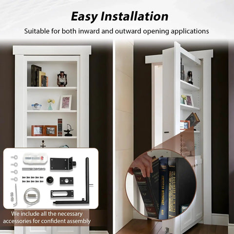 Sneaky Secure Secret Book Latch Kit For Seamless Hidden Door Hideaway Setup With No Fuss Easy Installation And Slick Discreet Privacy Lock Compatible With Custom Bookshelf Walls showcasing installation accessories and bookshelf design.