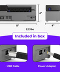 No Sweat Usb Shipping Label Printer Commercial Grade 4x6 Thermal shown with USB cable and power adapter, dimensions 8x4 inches.