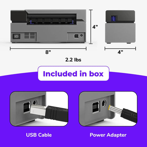 No Sweat Usb Shipping Label Printer Commercial Grade 4x6 Thermal shown with USB cable and power adapter, dimensions 8x4 inches.