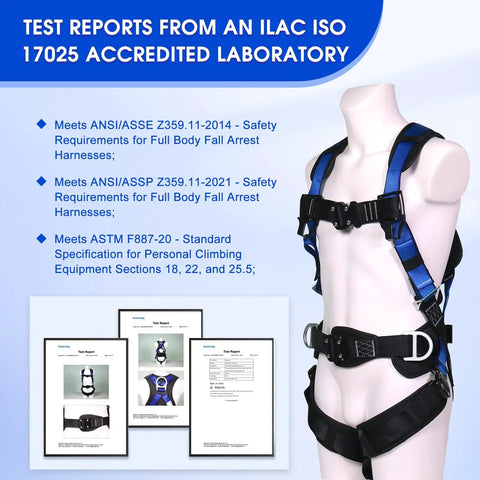 Heavy Duty Full Body Fall Protection Safety Harness With Shock Absorbing Lanyard And Super Comfy Ventilated Mesh Padding For No Sweat Daily Grind Plus Four Quick Release Buckles Blue