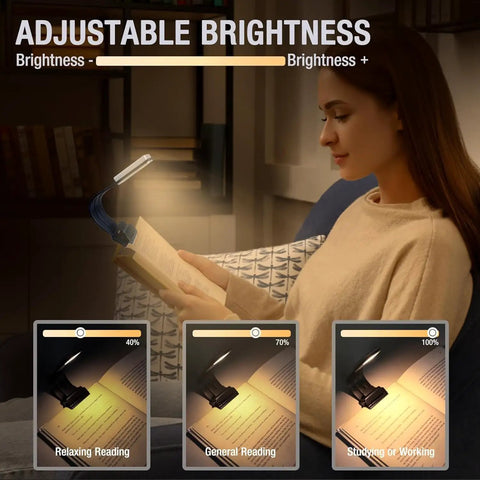 Woman using Clip On Bookmark Reading Light For Books In Bed With Adjustable Brightness Levels Soft Eye Friendly LED Built In USB Charge