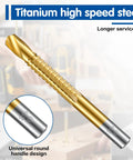 Top Shelf Eight Piece HSS Step Drill Bit Set With Titanium Coating And Hex Shank showing a titanium coated bit with round handle design.