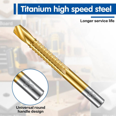 Top Shelf Eight Piece HSS Step Drill Bit Set With Titanium Coating And Hex Shank showing a titanium coated bit with round handle design.