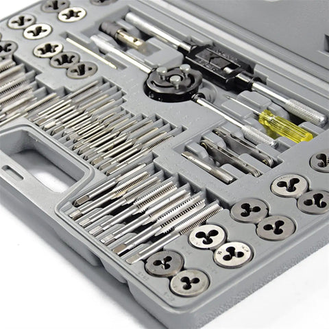 Ultimate 60-Piece Metric Screw Tap And Die Set With Hand Wrench For Precise Metalwork Threading That Lets You DIY Like A Pro Without Sweat Or Stress On Your Gear, gray metal taps and dies in case