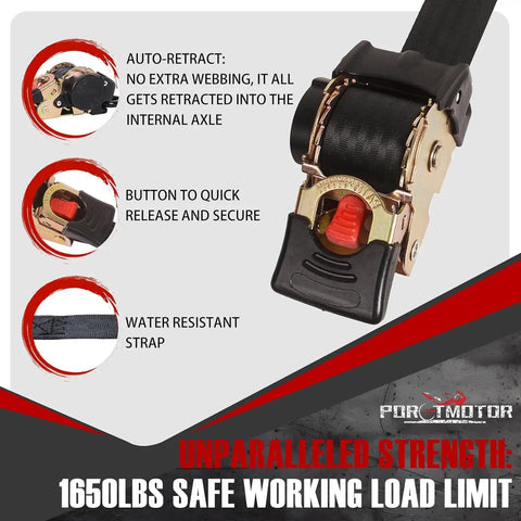 No Sweat Auto Retracting Ratchet Straps 2 Pack 2 In By 9 Ft With 3000 Lbs Break Strength showing auto-retract feature and quick release button.
