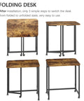 Folding Rolling Computer Desk For Small Spaces, Portable Laptop Cart On Wheels, Rustic Brown And Black Finish, Folded and Unfolded
