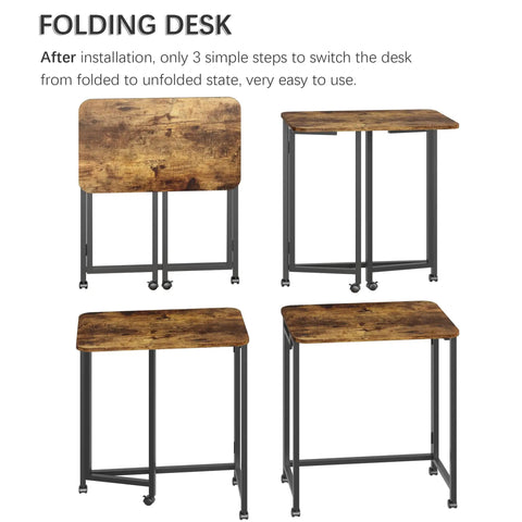 Folding Rolling Computer Desk For Small Spaces, Portable Laptop Cart On Wheels, Rustic Brown And Black Finish, Folded and Unfolded