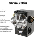 LF10-4H Air Compressor Pressure Switch Replacement 95-125 PSI Range, 20A, 4 Port, Unloader Valve, On Off Switch with 1/4 Inch NPT