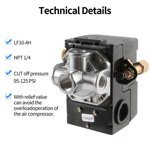 LF10-4H Air Compressor Pressure Switch Replacement 95-125 PSI Range, 20A, 4 Port, Unloader Valve, On Off Switch with 1/4 Inch NPT